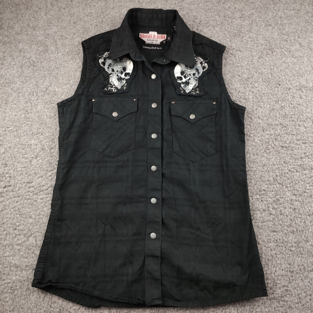 Brooks & Dunn Panhandle Slim Black Skull Western Sleeveless Shirt XS Biker Vest